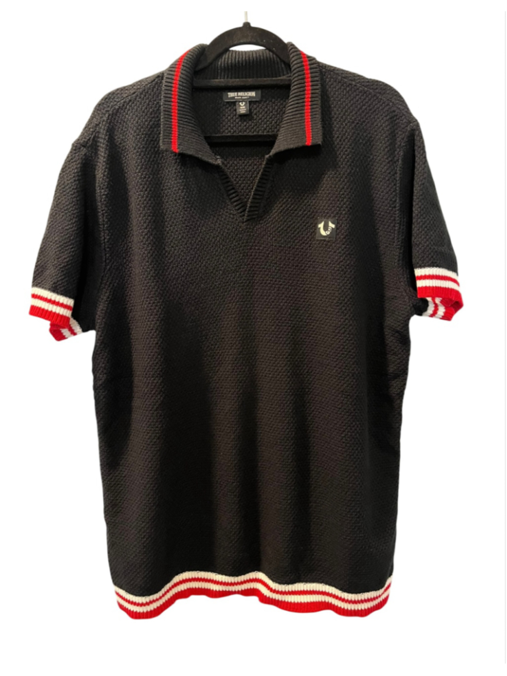 True Religion Men's Sweater Knit Polo Shirt Black Red Varsity Stripe Size Medium